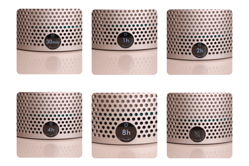 Auf dem Display des Dyson Pure Cool Me Luftreinigers zeigt die Timerfunktion die eingestellte Auswahl von 30 Minuten bis 8 Stunden und die Funktion “Timer aus” an.